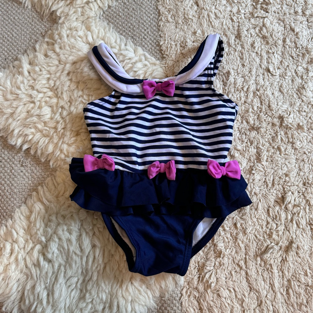 Sol Swim Infant 6-9 Month Swim Suit Blue Stripes Pink Bows